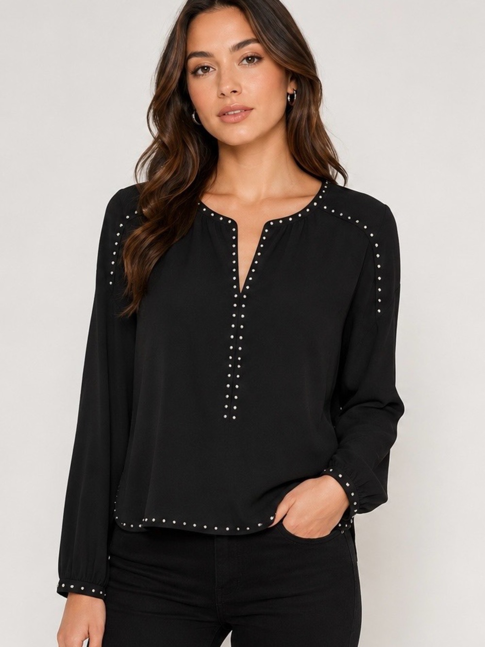 Black Stud-Trim Long-Sleeve Women’s Top